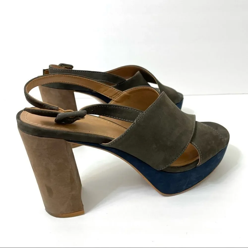 Klub Nico Gray Tan Navy Suede Chunky Heeled Platform Sandals
